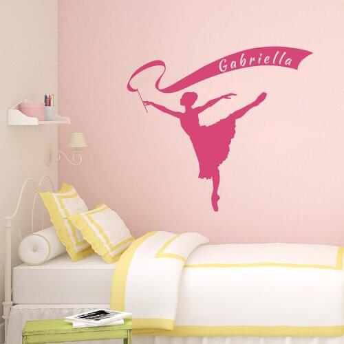 Personalized Ribbon Banner Dancer Wall Decal Ballet Dancer Vinyl Art Stickers Mural Custom Girls Names Wall Sticker Bedroom D513