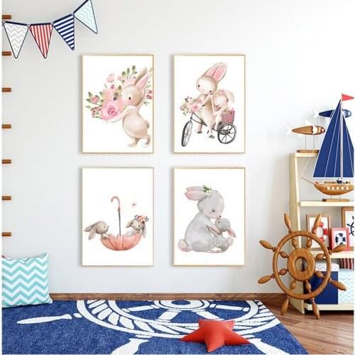 Bunny Poster Paintings Animals Nursery Wall Art Print Rabbit Canvas Painting Pink Flowers Cartoon Picture Girl Baby Room Decor