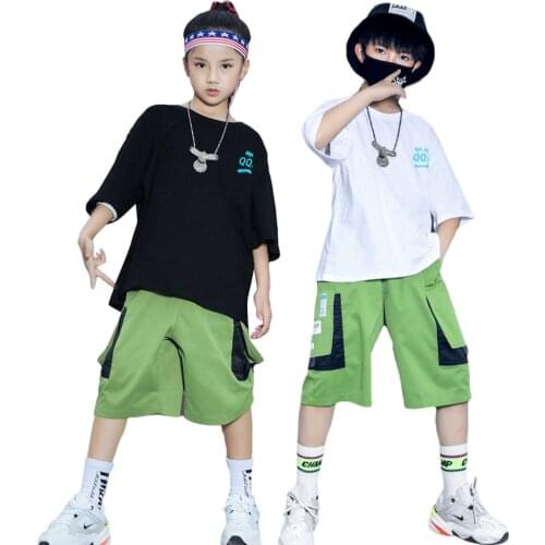 Lolanta Boys Girls Casual Wear T-shirt Top Or Green Shorts Costume Hip Hop Dance Clothes Unisex Loose Style Performance Clothing