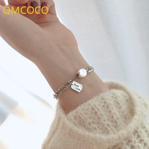 QMCOCO 925 Silver Letter Good Luck Round-Shape Bracelet For Women Trendy Vintage Handmade Fine Jewelry Birthday Party Gifts