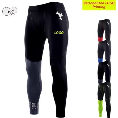 Personalized LOGO Men Patchwork Compression Running Tights Trousers Quick Dry Elastic Gym Leggings Fitness Training Sports Pants