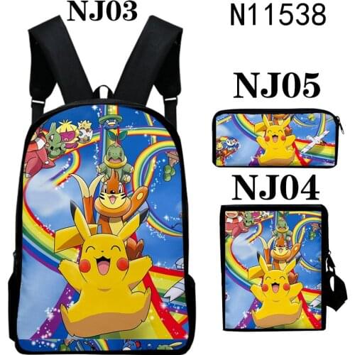 3pcs Pokemon Pikachu Backpack Boy Printed School Bag Pencil Case Shoulder Bag Girl Cartoon Book Bag Waterproof Messenger Bag