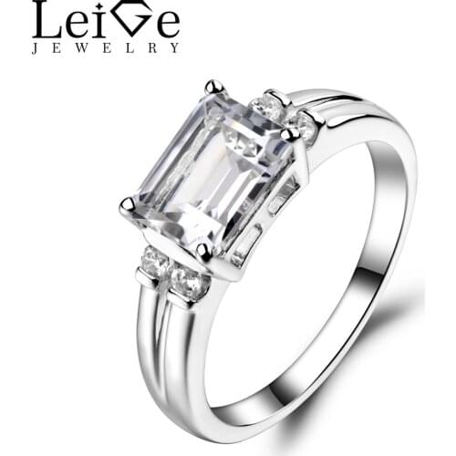 Leige Jewelry White Topaz Ring Engagement Promise Rings For Woman Sterling Sliver 925 Fine Jewelry Emerald Cut Gemstone