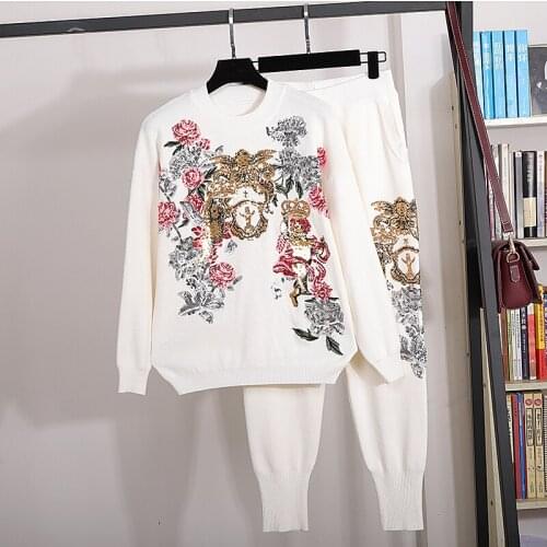 Fashion White Black Knitted Tracksuit Outfits Women 2pc Loose Sequins Flowers Pullover Sweater Pencil Pants Two Piece Set Female
