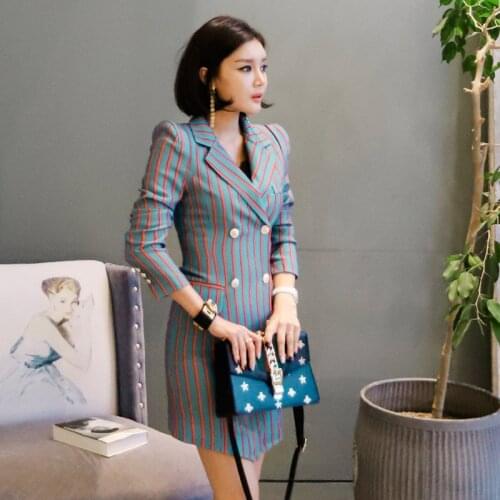 Spring and autumn new womens Korean fashion temperament Slim double-breasted OL professional suit jacket type striped dress