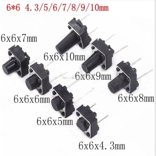 1000PCS/LOT 6*6*4.3/5/6/7/8/9MM touch switch button switch 2 pin in the middle two feet 6x6x4.3