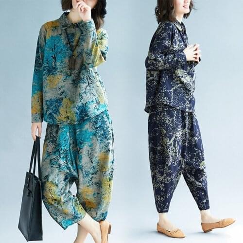 2021 spring new retro cotton linen large size printing long-sleeved shirt top + Harlan nine-point pants suit 2-piece women s598