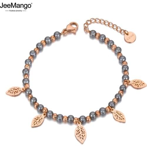 JeeMango Titanium Stainless Steel Bohemia Beach Pearl Beaded Bracelets For Women Trendy Leaves Charm Bracelet pulseras JB20115