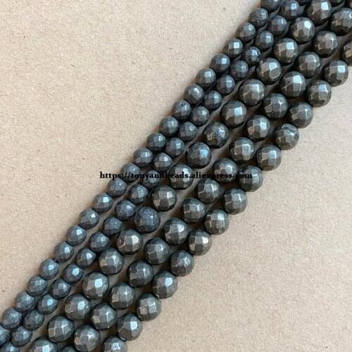 Natural Stone Faceted Iron Pyrite Round Loose Beads 15" Strand 4 6 8 10MM Pick Size For Jewelry Making SAB15