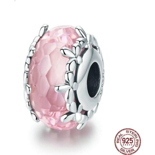 Hot Sale 925 Sterling Silver Flower Pink Murano Glass Beads Fit Original Pandora Charm Bracelet European DIY Jewelry Making