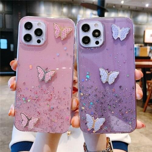 Bling Starry Sky Case For iPhone 12 11 Pro Xs Max XR X 6 7 8 Plus Mini Fashion Bumper Three Butterflies Cover Funda