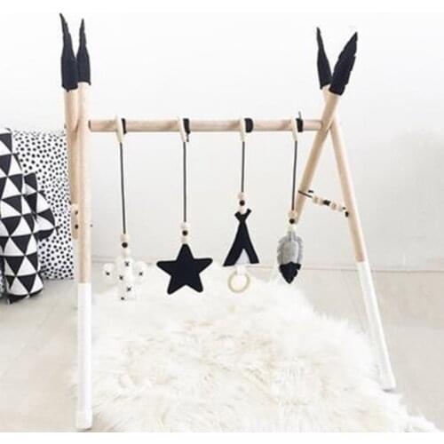 Baby Play Gym Frame Wooden Beech Activity Gym Frame Stroller Hanging Pendants Toys Teether Ring Nursing Rattle Toys Room Decor