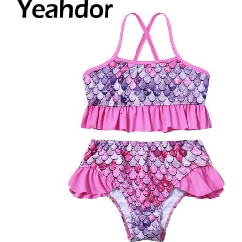 Summer Kids Girls Mermaid Swimming Suit Swimwear Spaghetti Straps Fish Scales Print Ruffle Trim Tops and Briefs Set Bathing Suit