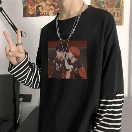 Harajuku Anime Haikyuu Kageyama Tobio Fake Two T-shirt Men Funny Cartoon Volleyball Teenagers Clothes Stripes Oversized T-shirts