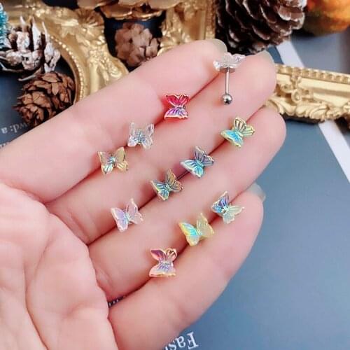 INS Little Butterfly Stud Earring For Women Acrylic Rainbow Titanium Steel Piercing Mid Low Helix Earring