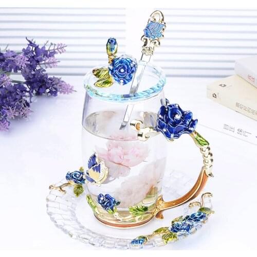 Creative Blue Rose Enamel Crystal Tea Cup Coffee Mug Butterfly Rose Painted Flower Water Cups Clear Glass with Spoon Set