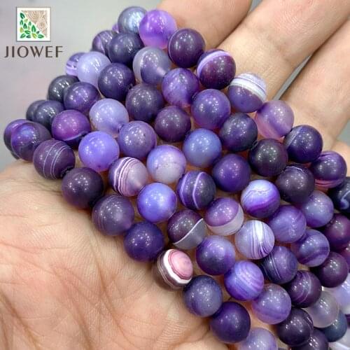 Natural Stone Matte Banded Purple Lace Agates Round Beads Diy Bracelet Necklace for Jewelry Making 15" Strand 4 6 8 10 12 14MM
