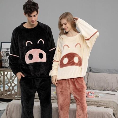 Cute Cartoon Pajamas Set Women Men Flannel Thick Warm Sleepwear 2Pcs Long Sleeve Trousers Pajamas Female Home Clothes Loungewear