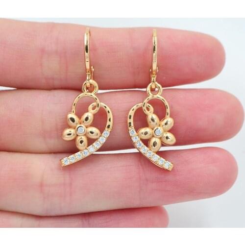 Fashion Jewelry Gold Color Clear Cubic Zirconia Romantic Sweet Love Heart Drop Earrings for Women
