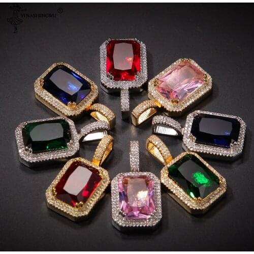 Iced Cubic Zirconia Fashion Necklace Pendant Pink/Blue/Green/Red Square Pendant Necklace For Men Hiphop Jewelry Gifts Berloque