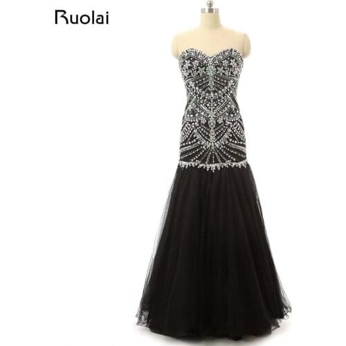 Sexy 2019 Prom Dresses Sweetheart Crystal Beaded Tulle Mermaid Black Evening Dresses Long Formal Party Dress 2019 FE52