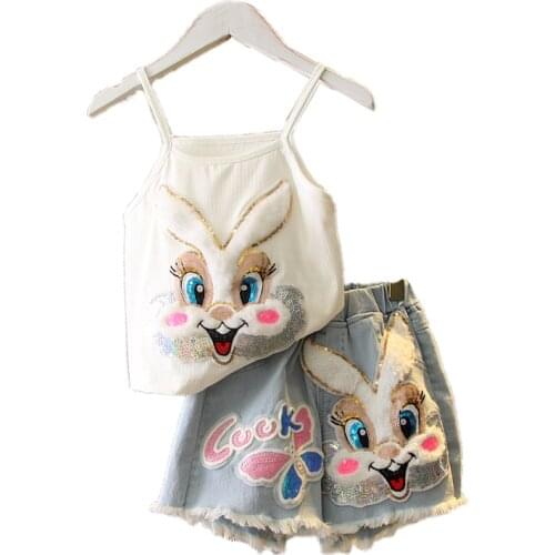 Cartoon rabbit hair halter belt top sequined jean shorts