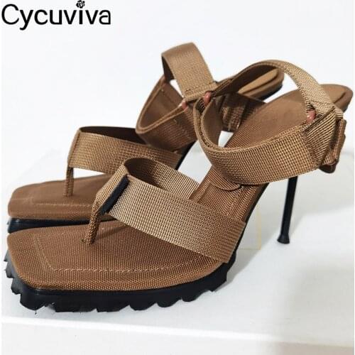 Novelty Square Toe Platform Sandals Women Flip Flops Stilettos High Heels Sandals Ladies Khaki Cloth Summer Party Shoes Woman