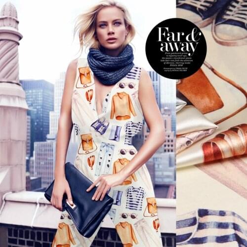 PRINTED SILK STRETCH SATIN 118cm width 19momme Pure Silk Fabric Cream Color With Printing