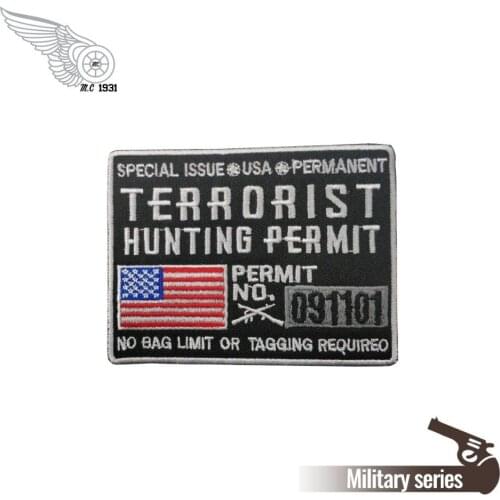 TERRORIST HUNTING PERMIT embroidery iron on jacket patch freedom biker applique custom design clothing stickers free shipping