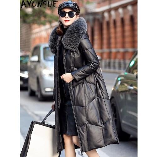 Real Leather Jacket Women Winter Sheepskin Coat Female White Duck Down Jackets Fox Fur Collar Hooded Parkas Ropa Mujer Pph1866