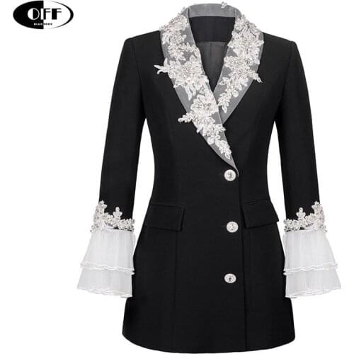 High Quality Autumn Winter Runway Black Jacket Coat Elegant Diamond Ruffles Patchwork Flare Sleeve Women Traf Blazer Femme Coat
