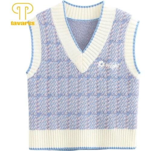 TAVARES Sweater Vest Autumn Winter Clothes Women V-Neck Pullover Knitwear Argyle Knitted Sweater Vintage Top Japanese Streetwear