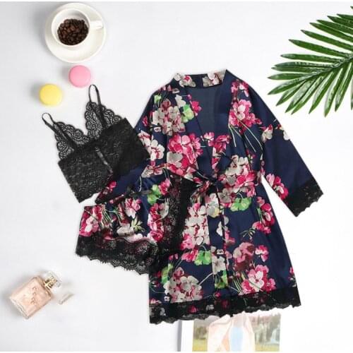 Women Print Rayon Pajamas Sets Plus Size S-3XL Kimono Bathrobe Bride Dressing Gown Sexy Lace Nightwear Lingerie Summer Home Wear