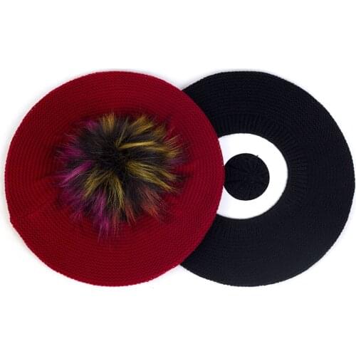 Knitted Retro French Artist Beret With Faux Fur Pom Pom Hairballs Women Female Casual Winter Elastic Hats Ladies Caps Fashion