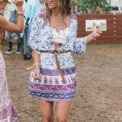Boho Summer women Floral Print Sashes pleated Mini Dress ladies batwing Sleeve V Neck Beach Dresses Vestidos Mujer