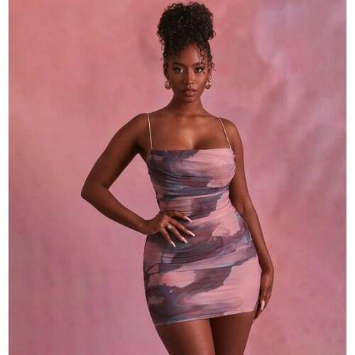 2021 New Style Women Summer Ruched Mini Dress Ladies Tie-up Gradient Print Spaghetti Strap Short Dress Streetwear