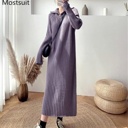 Zip-up Knitted Women Long Sweater Dress Autumn Winter Full Sleeve Turn-down Collar Straight Dresses Korean Fashion Loose Vestido