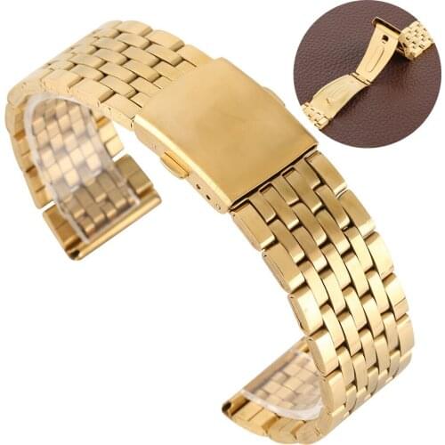 Gold 18/20/22 MM Metal Watch Bands Folding Clasp Stainless Steel Fashion Replacement Wristwatch Straps with 2 Spring Bars