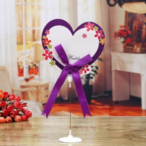 10pcs/lot Heart Shape Wedding Table Cards Purple/Red Color With Ribbon Table Stand Number Card Memo Clip