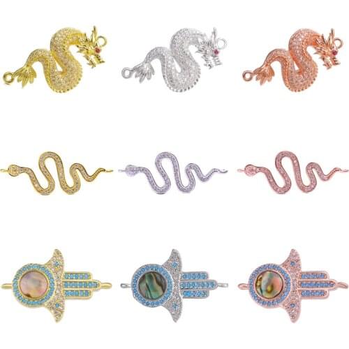 Juya DIY Talisman Jewelry Accessories Micro Pave Zircon Dragon Snake Hamsa Connectors For Women Men Needlework Jewelry Making