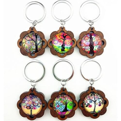 Jiangzimei 24pcs Hollow flowers Keyring Brown Wood base with 25mm Life Tree Glass Cabochon Keychain for Girls party gift