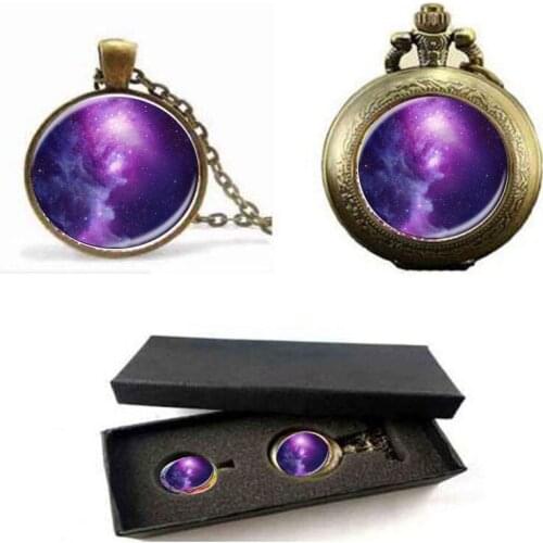 Fashion Galaxy Nebula Space Pendant Necklace Glass Cabochon Vintage Jewelry Statement pocket watch with free box Women Best Gift