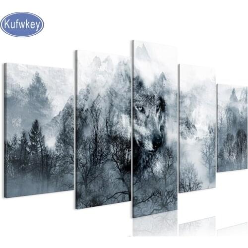5 panel set Diamond painting Multi-pictures Combination"mountain wolf"full Square/round cross stitch Mosaic,Diamond Embroidery
