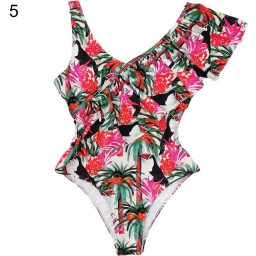 2021 New Monokini Floral Print Deep V Neck Swimwear Women Sexy Ruffle One-Piece Swimsuit for Summer купальник женский