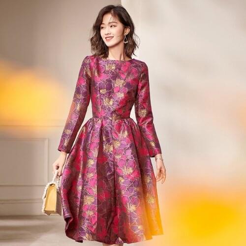 2021 Newly Spring Autumn Women Vintage High Waist Dobby Floral Full Sleeve Dress , Woman Clothes Glitters Flower Dresses