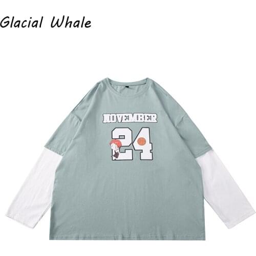 GlacialWhale Clothing Mens New Autumn Fake Two-piece T-shirt Male Hip Hop Streetwear Round neck Trendy Green Mens Long-sleeved
