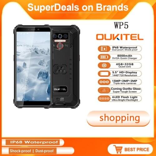 OUKITEL WP5 IP68 4GB+32G Waterproof 8000mAh 13MP Android 10.0 Triple Camera Face/Fingerprint ID Mobile Phone
