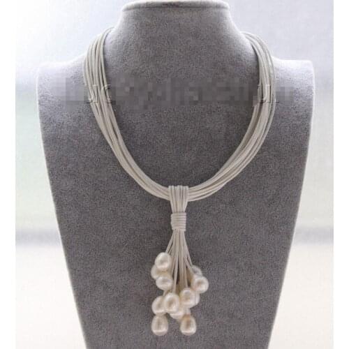 Hot sale Women Bridal Wedding Jewelry Choker 16" 15row 14mm white pearls white leather Pendant necklace j9548