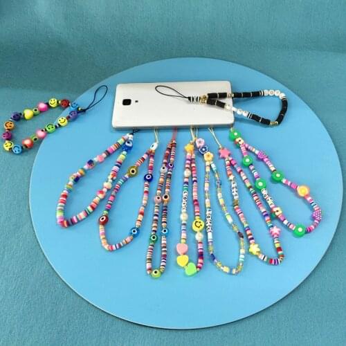Colorful Soft Pottery Lanyard Keychain Eye Smile Face Phone Chains Strap Beads Pendant For Women Mobile Phones Case Hanging Cord