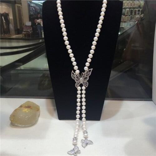 Hand knotted natural 8-9mm white freshwater pearl long sweater chain butterfly micro inlay zircon accessories necklace
